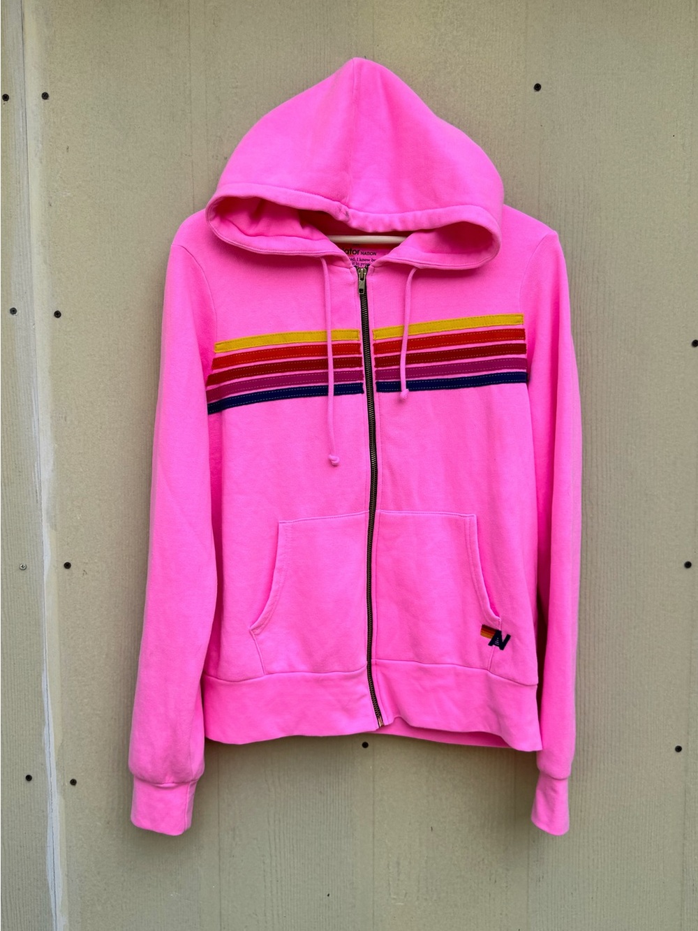 Aviator Nation 5 Stripe Zip Hoodie Pink Serape Rainbow Surf California Size M